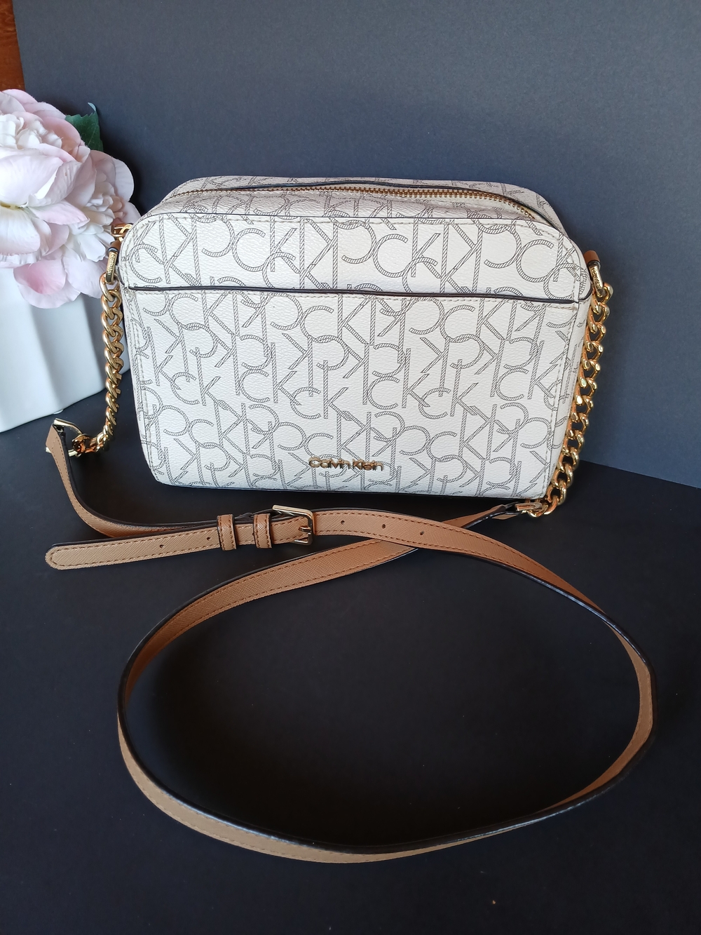 Calvin Klein White Monogram Crossbody Bag Tan Gold Chain